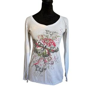 Women's y2K Butterfly Boho Top Long Sleeve 90s Tie Dye Whimsical Blouse SZ S